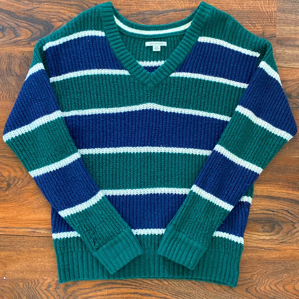 American Eagle navy blue+green stripped sweater; size medium